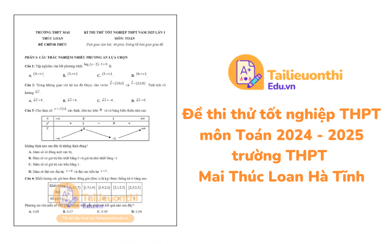 Đề thi thử tốt nghiệp THPT môn Toán 2024 - 2025 trường THPT Mai Thúc Loan Hà Tĩnh